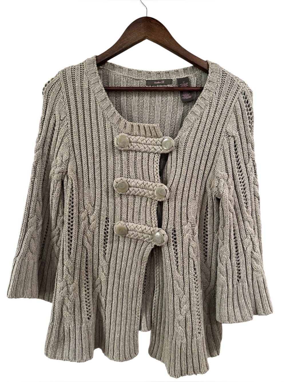 VTG Y2K Heather B Chunky Cable Knit Cardigan Toggle Bell Sleeve, Sz M